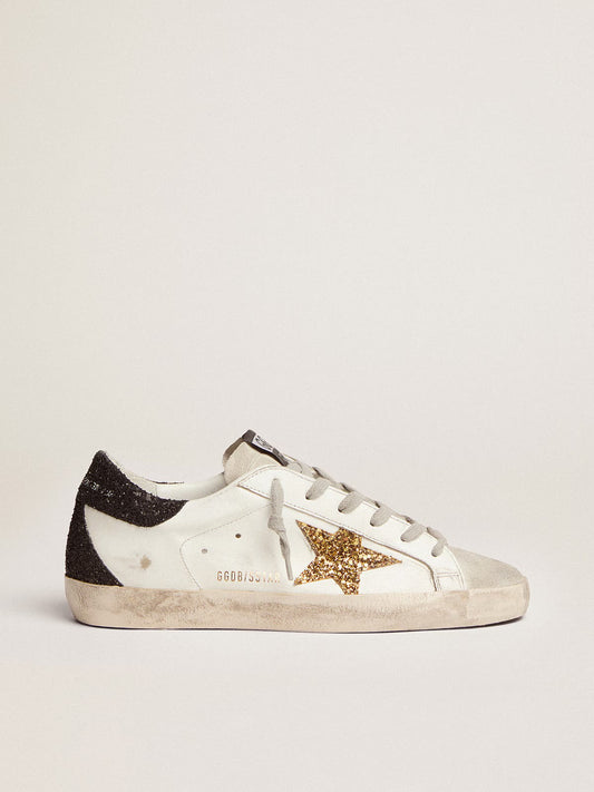 Super-Star femme en cuir nappa avec étoile à paillettes dorées et contrefort à paillettes noires